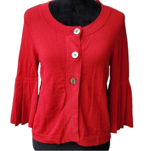 Jones New York Cardigan Sweater Womens Small Petite Red Bell Fluted Pleated - Picture 1 of 12